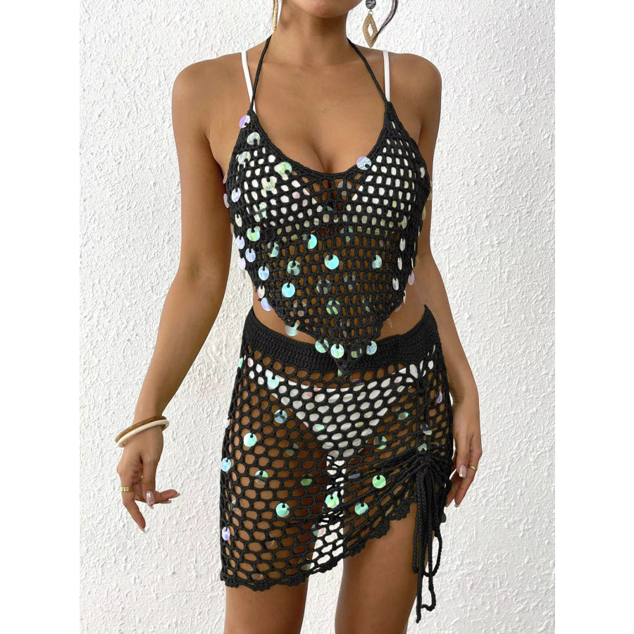 Halter Neck Crochet Knit Top and Skirt Cover Up Set Apparel and Accessories