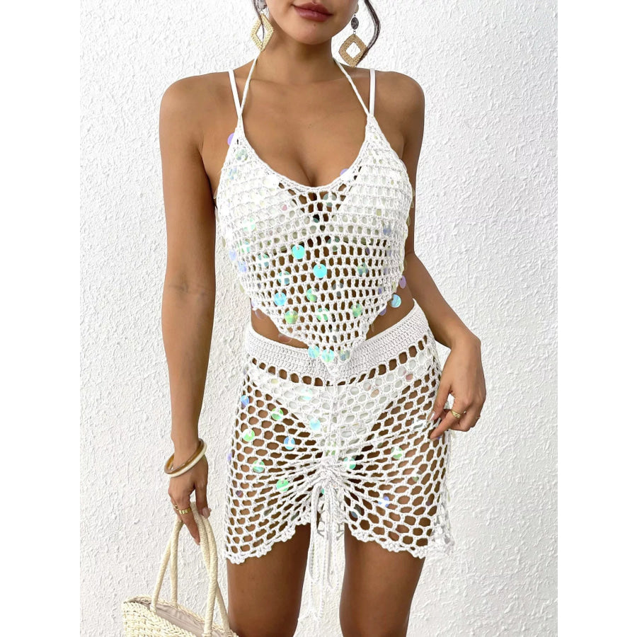 Halter Neck Crochet Knit Top and Skirt Cover Up Set Apparel and Accessories