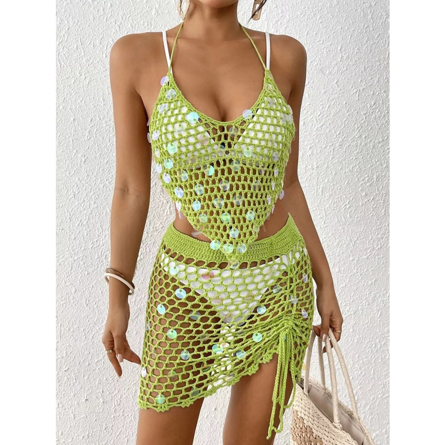 Halter Neck Crochet Knit Top and Skirt Cover Up Set Apparel and Accessories