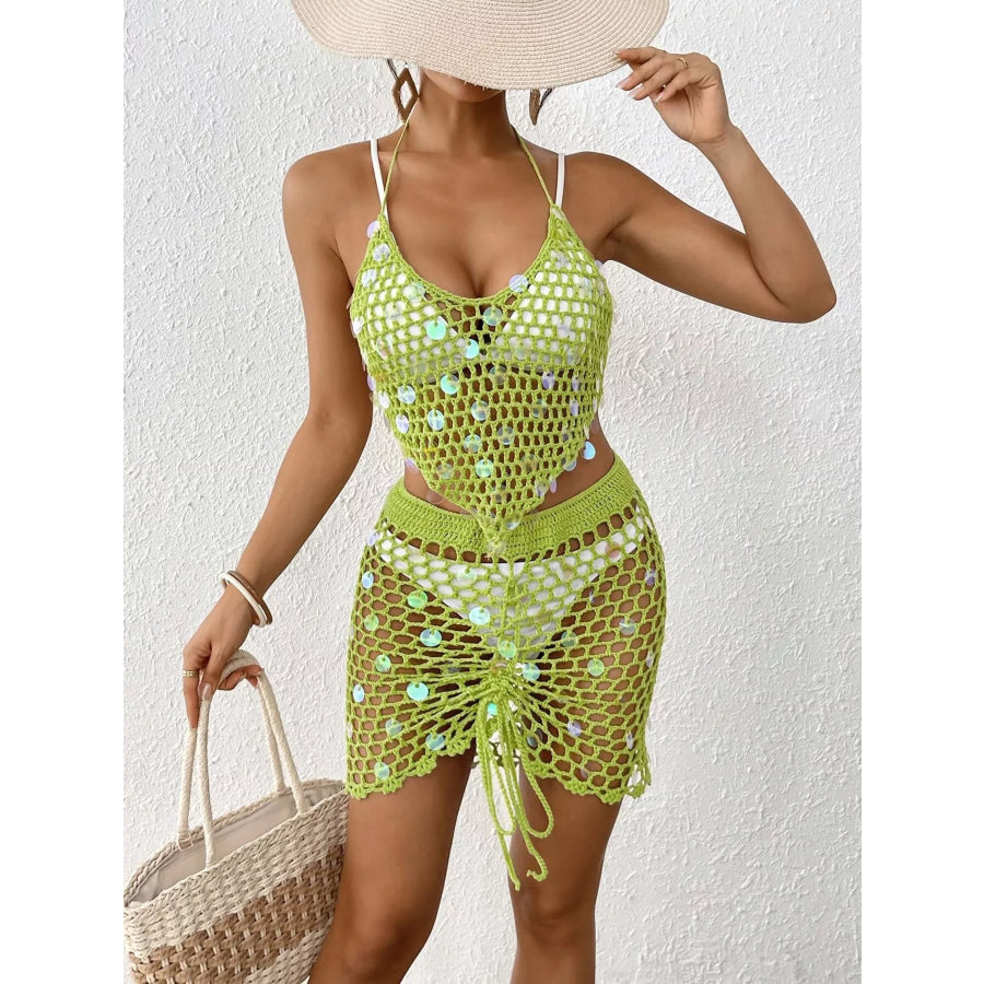 Halter Neck Crochet Knit Top and Skirt Cover Up Set Apparel and Accessories