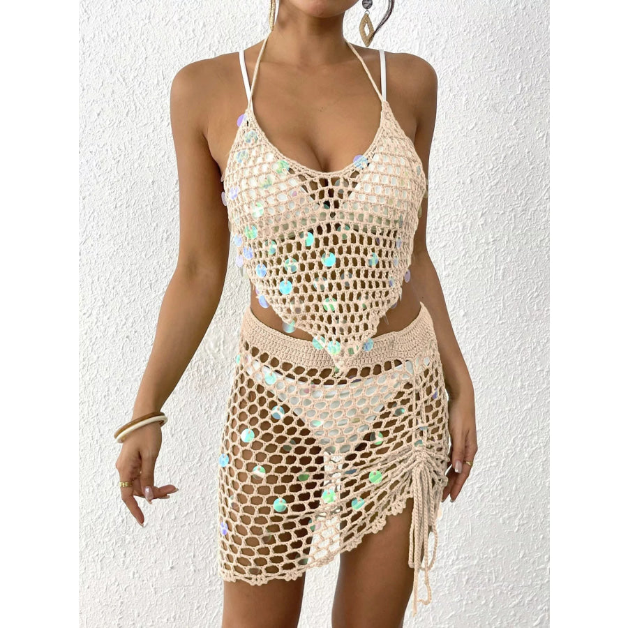 Halter Neck Crochet Knit Top and Skirt Cover Up Set Apparel and Accessories