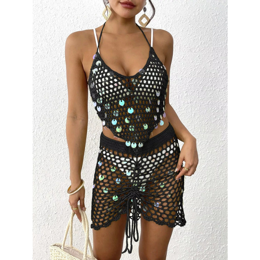 Halter Neck Crochet Knit Top and Skirt Cover Up Set Black / One Size Apparel and Accessories