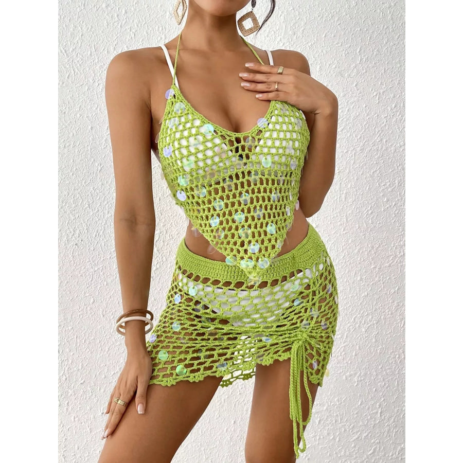 Halter Neck Crochet Knit Top and Skirt Cover Up Set Lime / One Size Apparel and Accessories