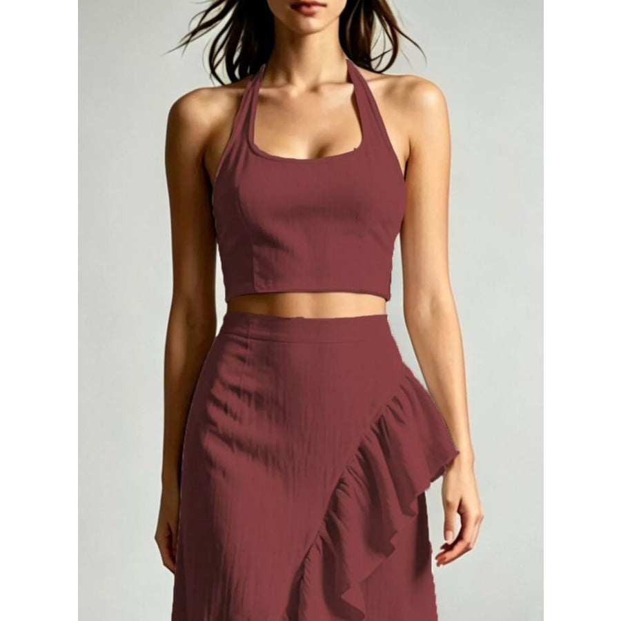 Halter Neck Crop Top and High-Low Maxi Skirt Two-Piece Set Apparel Accessories