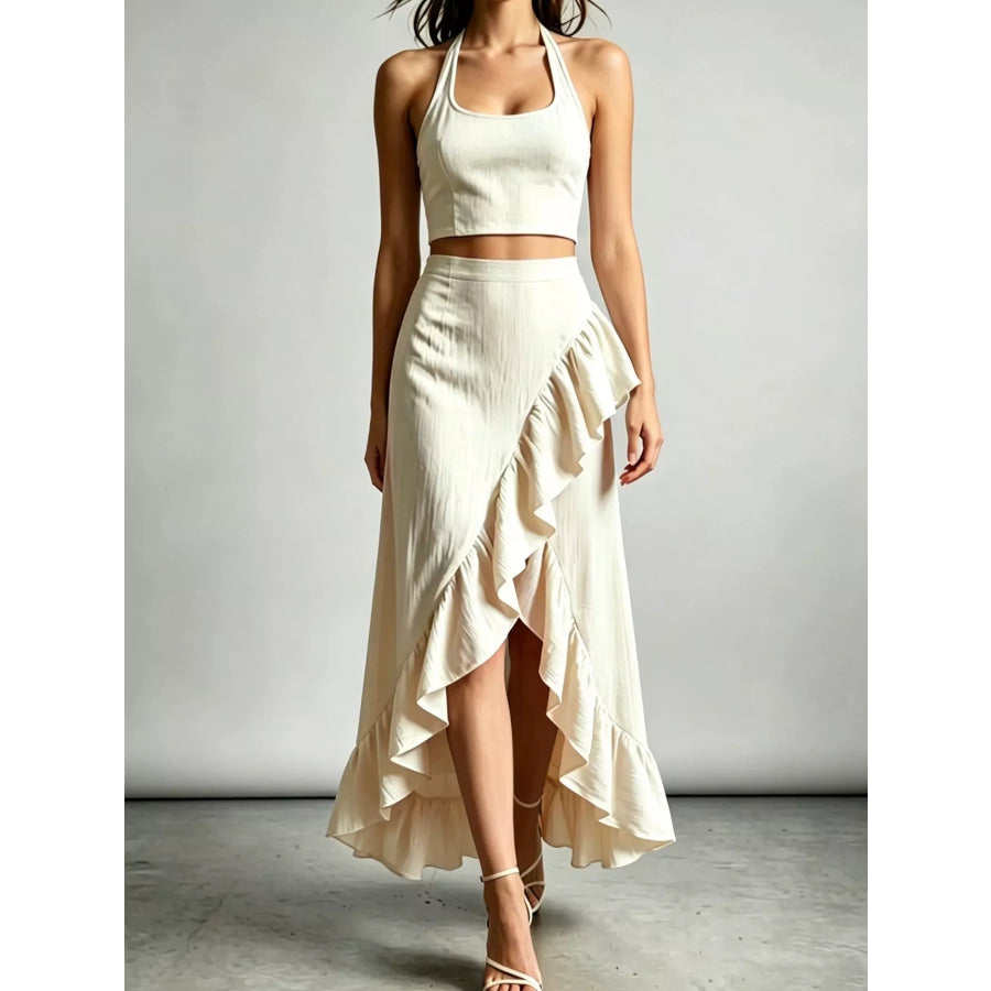 Halter Neck Crop Top and High-Low Maxi Skirt Two-Piece Set Beige / S Apparel Accessories