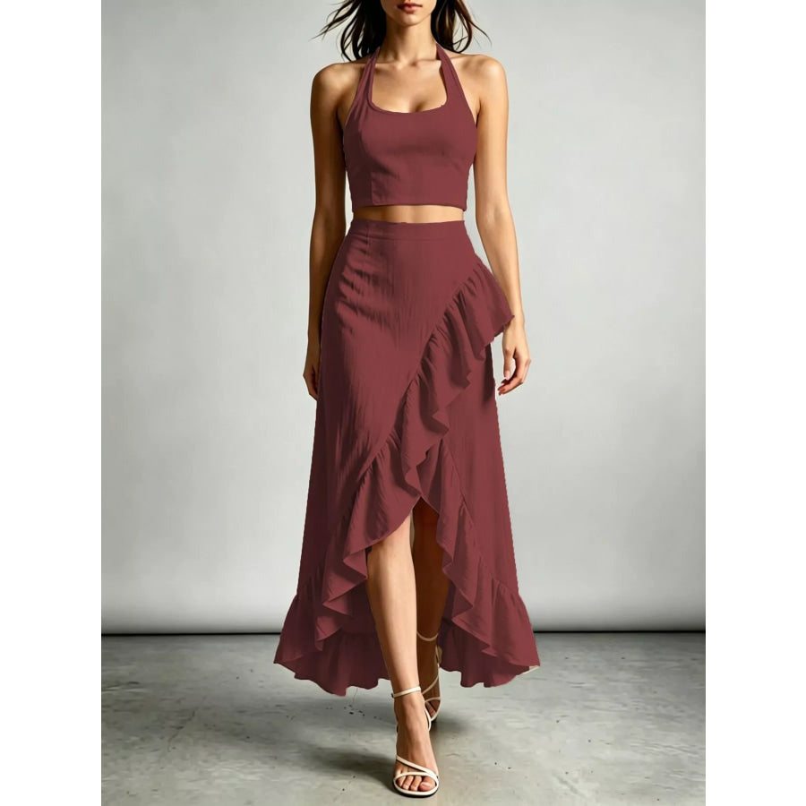Halter Neck Crop Top and High-Low Maxi Skirt Two-Piece Set Burgundy / S Apparel Accessories