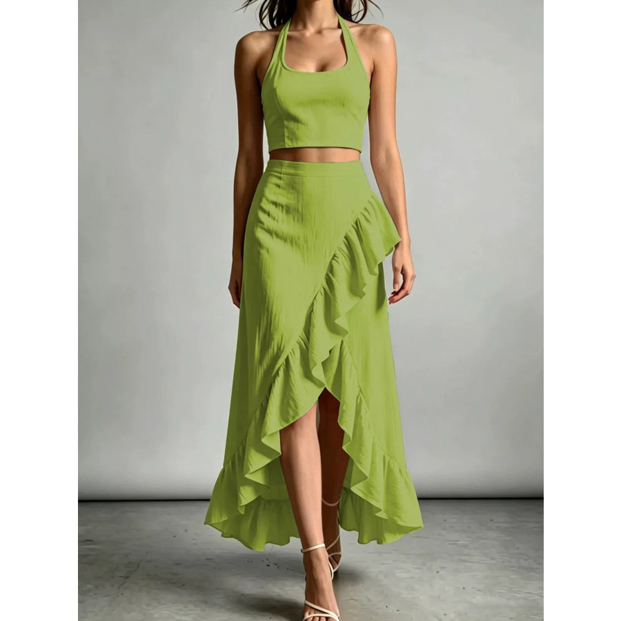 Halter Neck Crop Top and High-Low Maxi Skirt Two-Piece Set Green / S Apparel Accessories