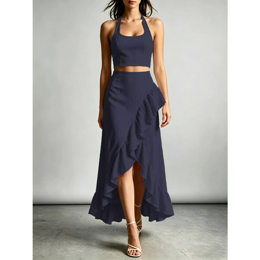 Halter Neck Crop Top and High-Low Maxi Skirt Two-Piece Set Navy / S Apparel Accessories
