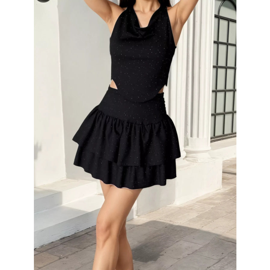 Halter Neck Crop Top and Layered Ruffle Mini Skirt Set Apparel Accessories