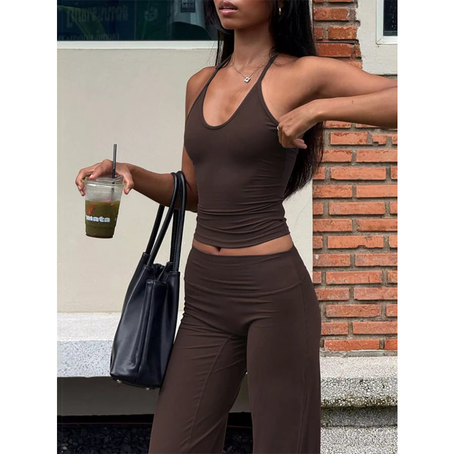 Halter Neck Crop Top and Pants Set Apparel and Accessories
