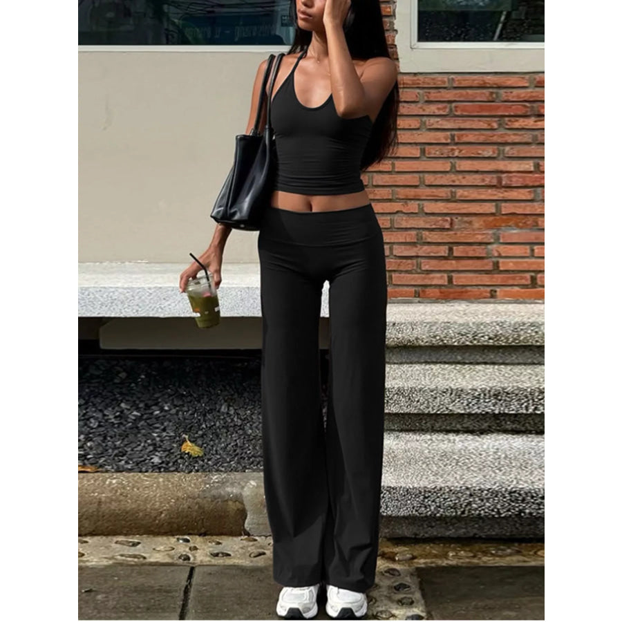 Halter Neck Crop Top and Pants Set Black / S Apparel and Accessories