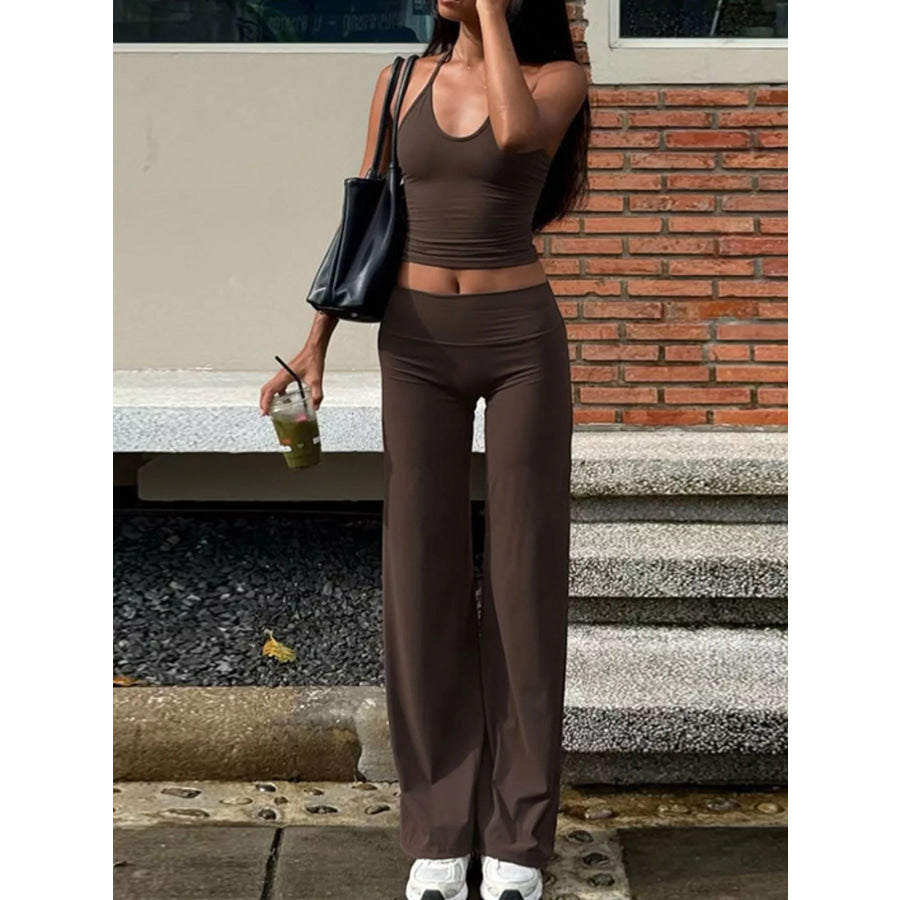 Halter Neck Crop Top and Pants Set Brown / S Apparel and Accessories
