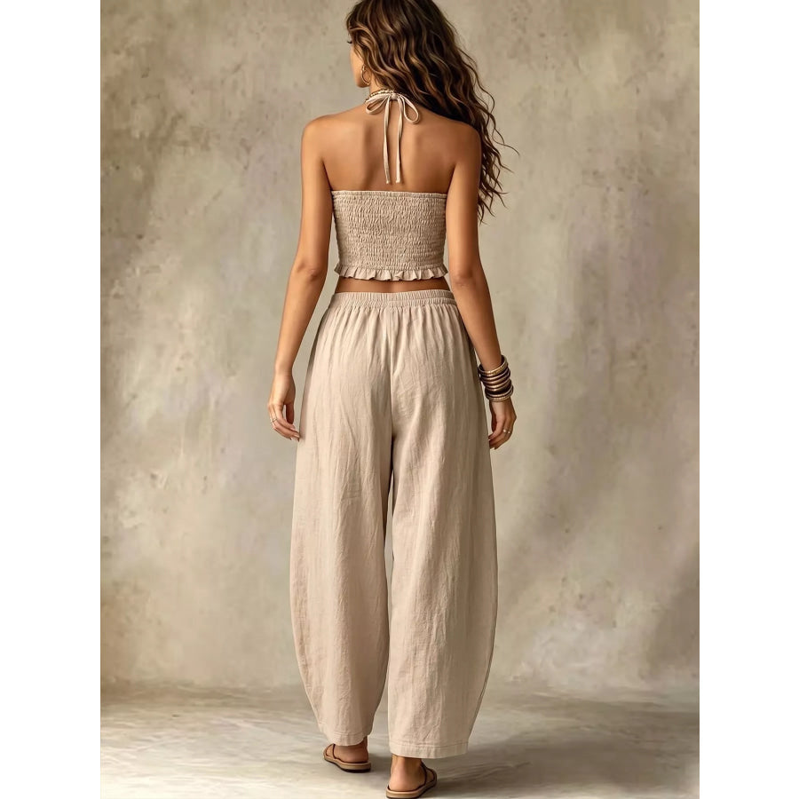 Halter Neck Crop Top and Wide-Leg Pants Two-Piece Set Apparel Accessories