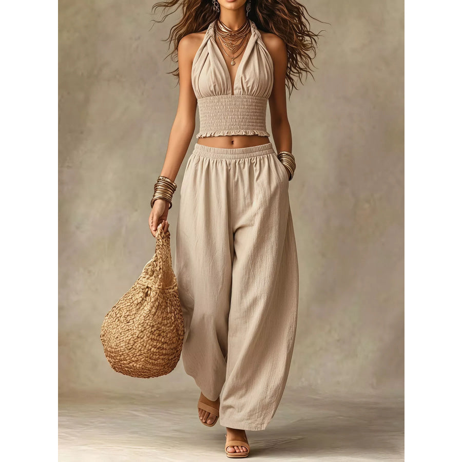 Halter Neck Crop Top and Wide-Leg Pants Two-Piece Set Khaki / S Apparel Accessories