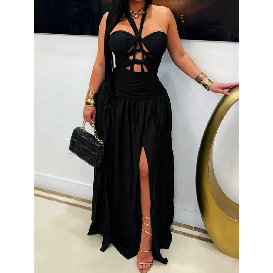 Halter Neck Cut-Out Maxi Dress with Front Slit Black / S Apparel and Accessories