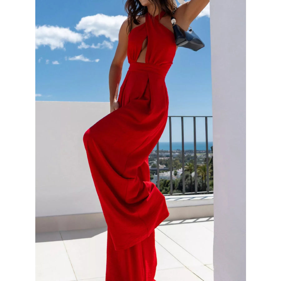 Halter Neck Cut-Out Wide-Leg Jumpsuit Apparel and Accessories