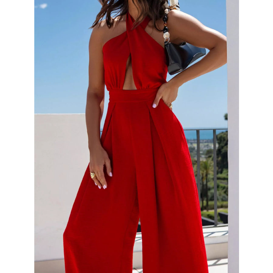 Halter Neck Cut-Out Wide-Leg Jumpsuit Apparel and Accessories