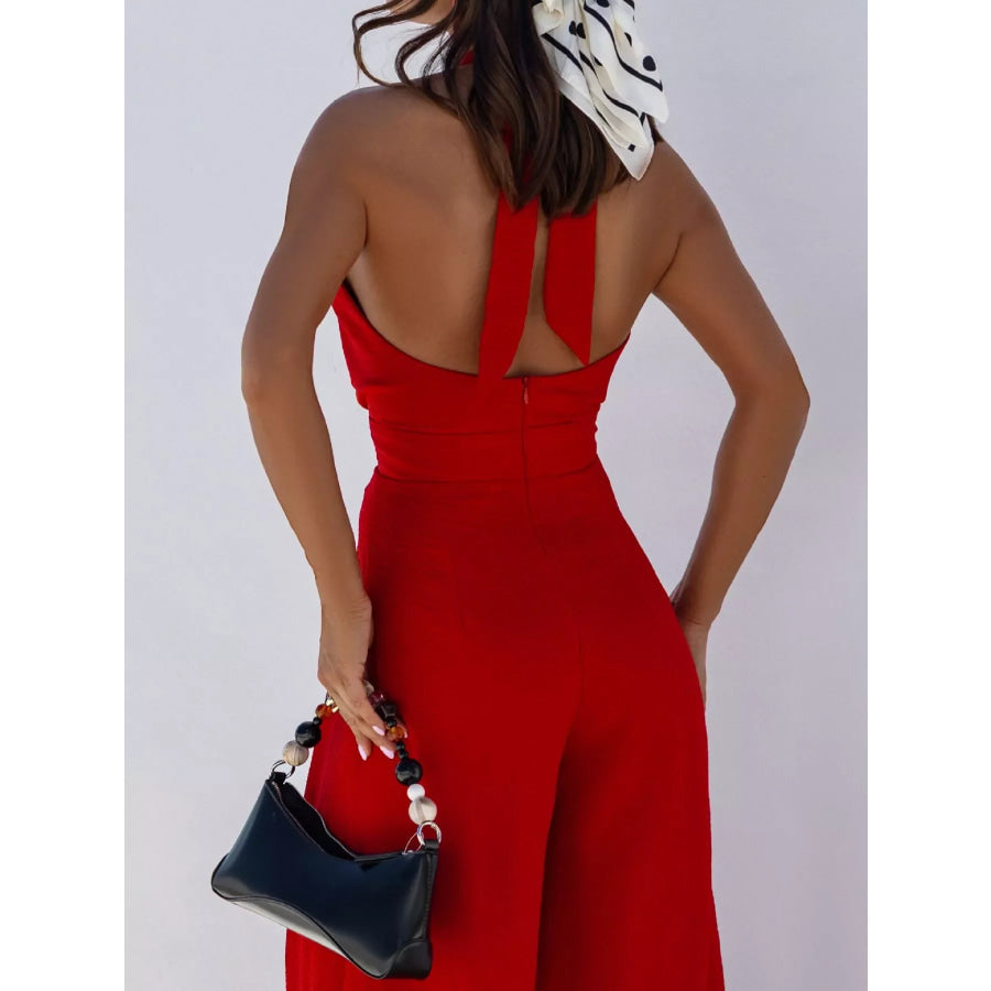 Halter Neck Cut-Out Wide-Leg Jumpsuit Apparel and Accessories