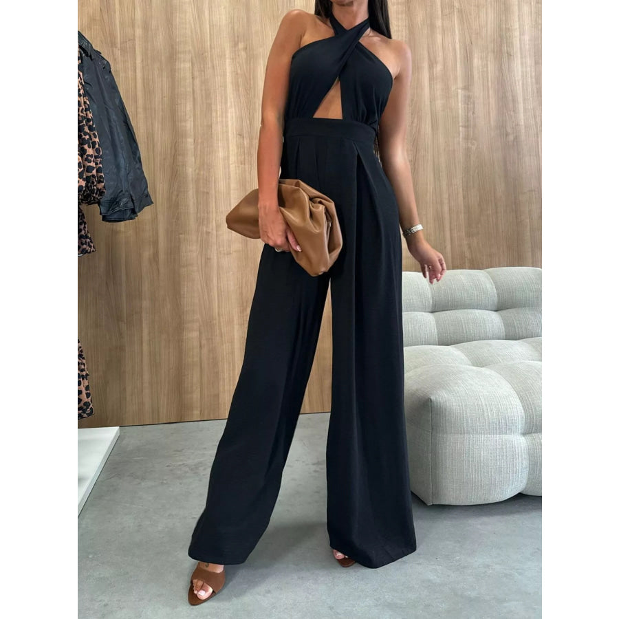 Halter Neck Cut-Out Wide-Leg Jumpsuit Apparel and Accessories
