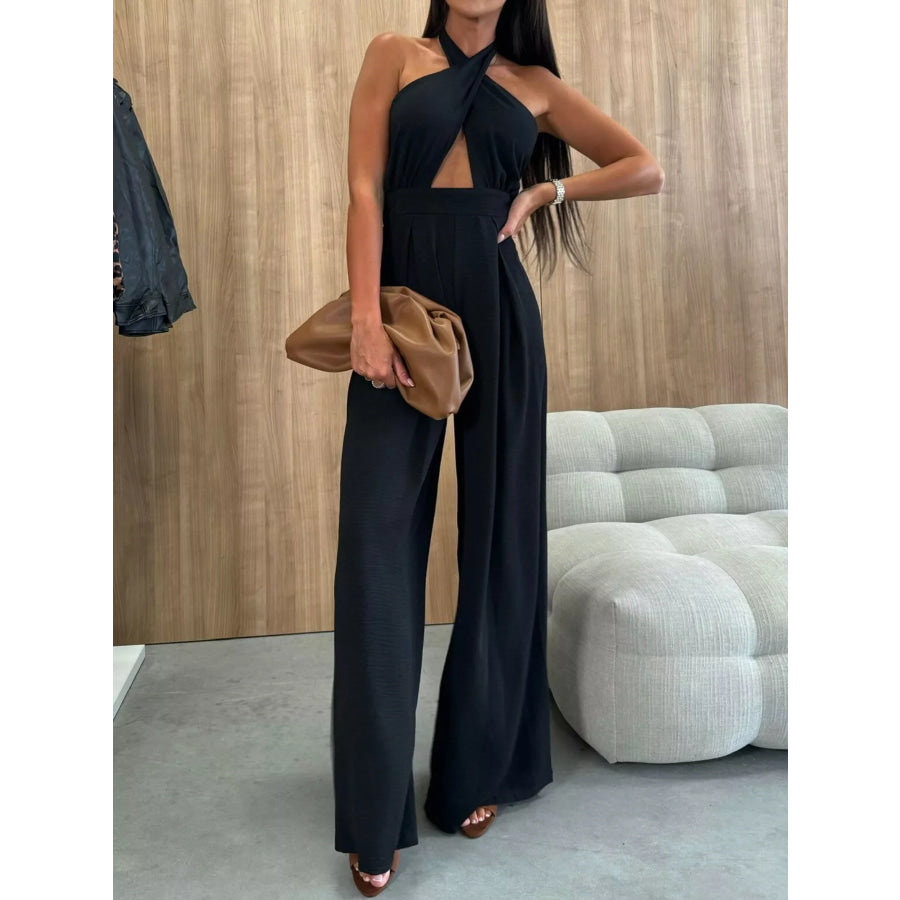 Halter Neck Cut-Out Wide-Leg Jumpsuit Apparel and Accessories