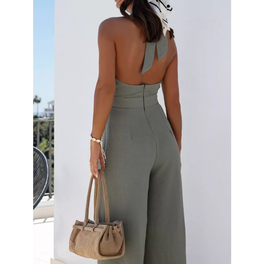 Halter Neck Cut-Out Wide-Leg Jumpsuit Apparel and Accessories