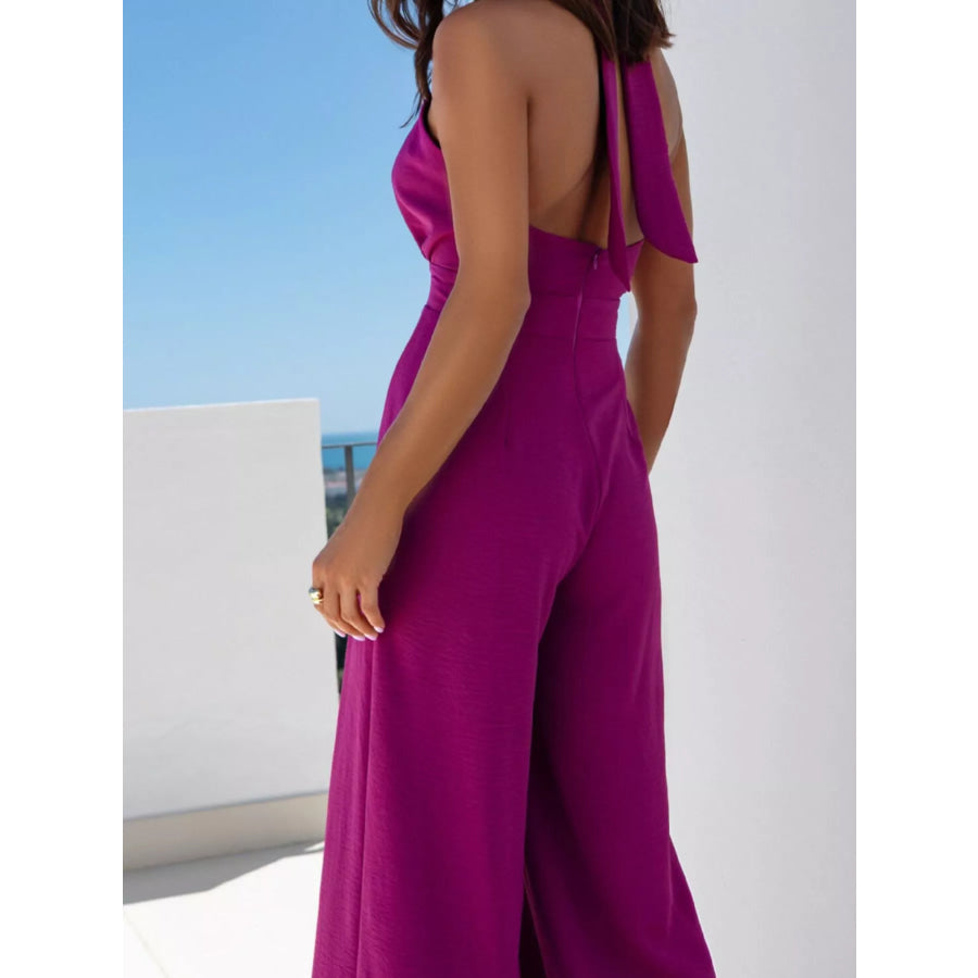 Halter Neck Cut-Out Wide-Leg Jumpsuit Apparel and Accessories