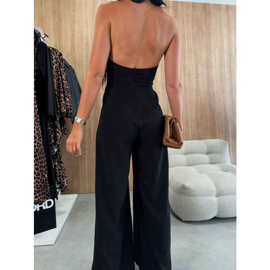 Halter Neck Cut-Out Wide-Leg Jumpsuit Apparel and Accessories