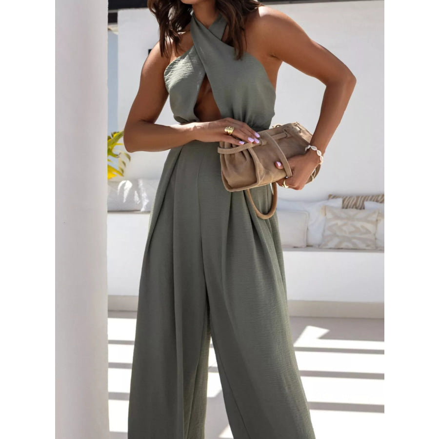 Halter Neck Cut-Out Wide-Leg Jumpsuit Apparel and Accessories