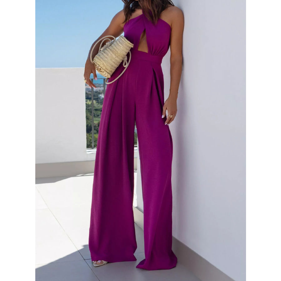 Halter Neck Cut-Out Wide-Leg Jumpsuit Apparel and Accessories