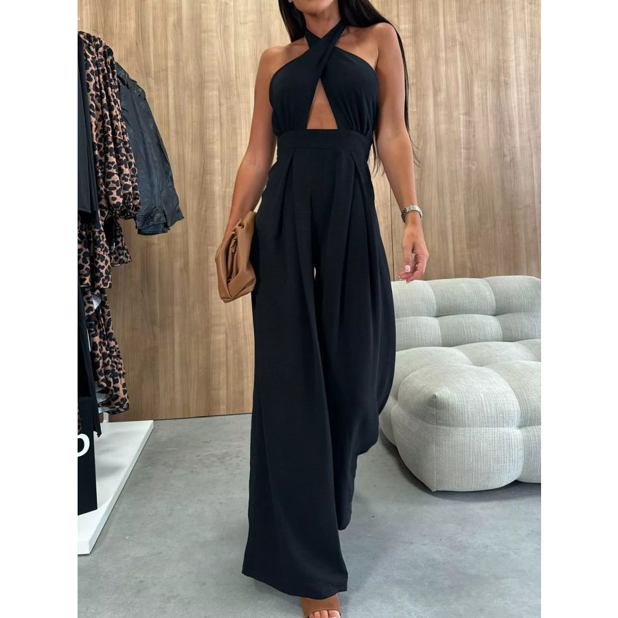 Halter Neck Cut-Out Wide-Leg Jumpsuit Black / S Apparel and Accessories