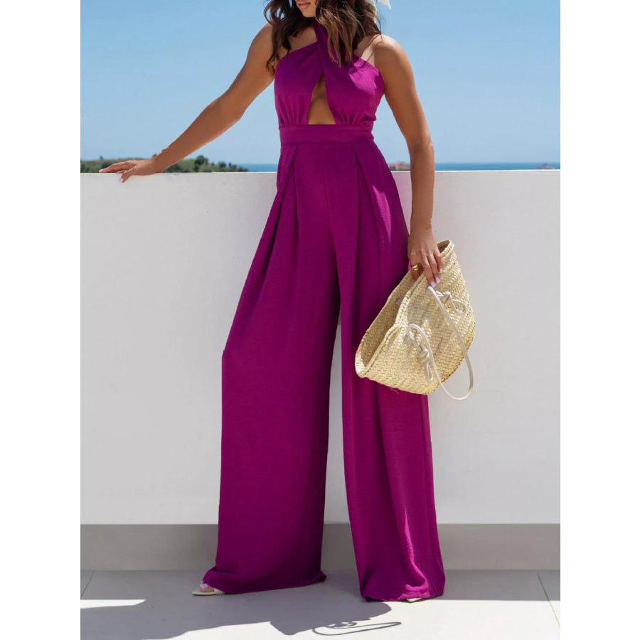 Halter Neck Cut-Out Wide-Leg Jumpsuit Red-Violet / S Apparel and Accessories