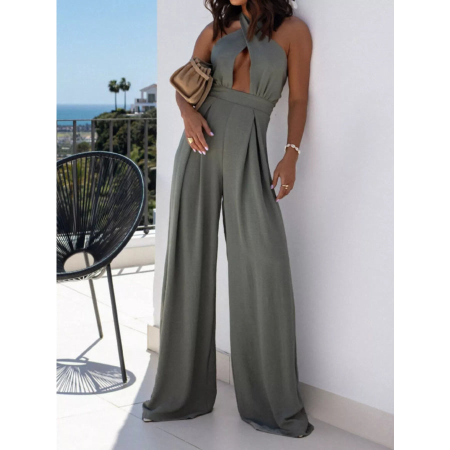 Halter Neck Cut-Out Wide-Leg Jumpsuit Sage / S Apparel and Accessories