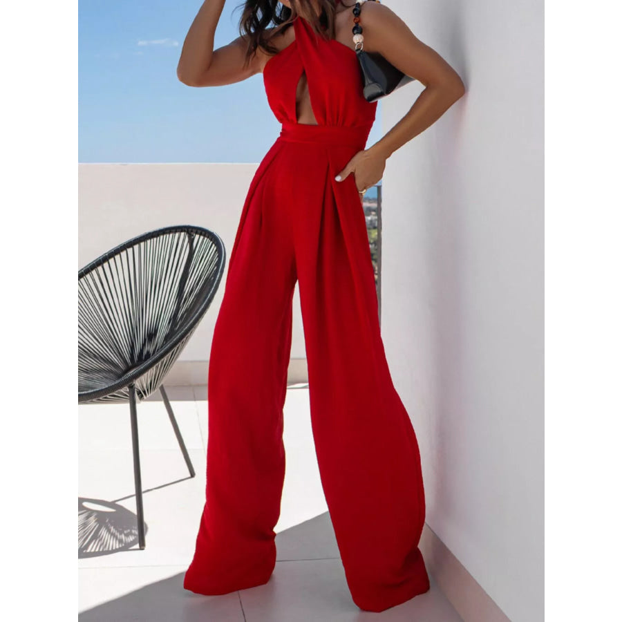 Halter Neck Cut-Out Wide-Leg Jumpsuit Scarlet / S Apparel and Accessories