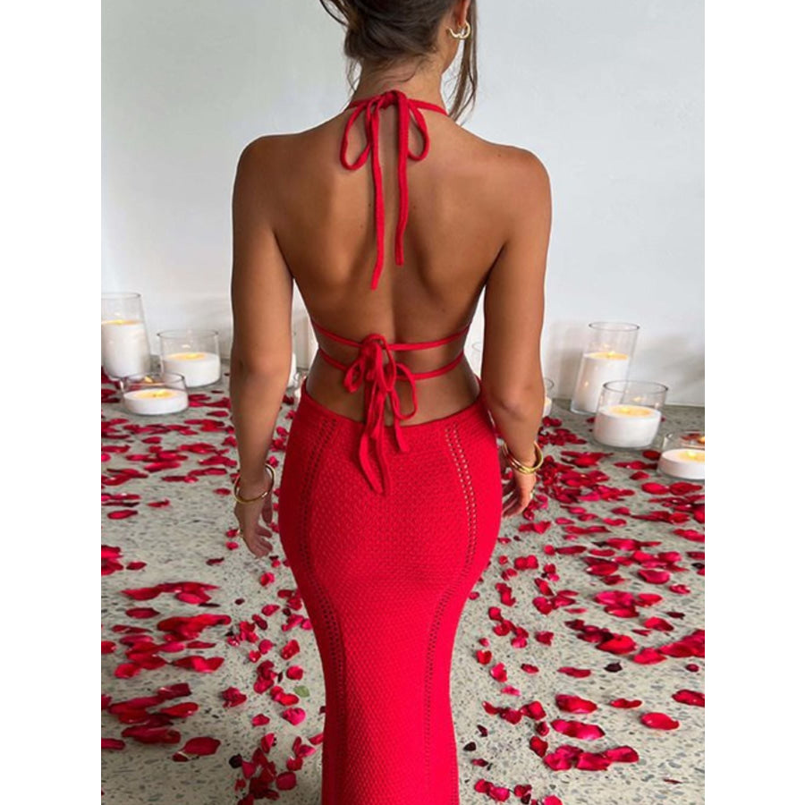Halter Neck Cutout Knitted Maxi Dress Apparel and Accessories