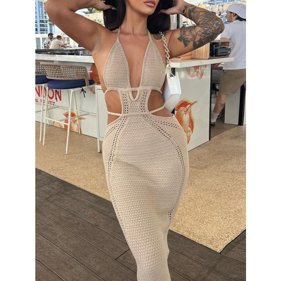 Halter Neck Cutout Knitted Maxi Dress Khaki / S Apparel and Accessories