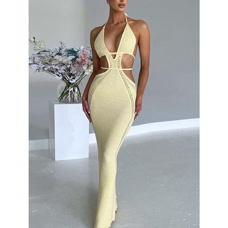 Halter Neck Cutout Knitted Maxi Dress Pastel Yellow / S Apparel and Accessories