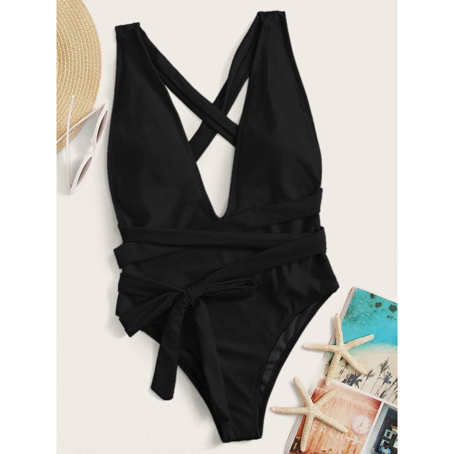 Halter Neck Deep V Tied One-Piece Swimsuit