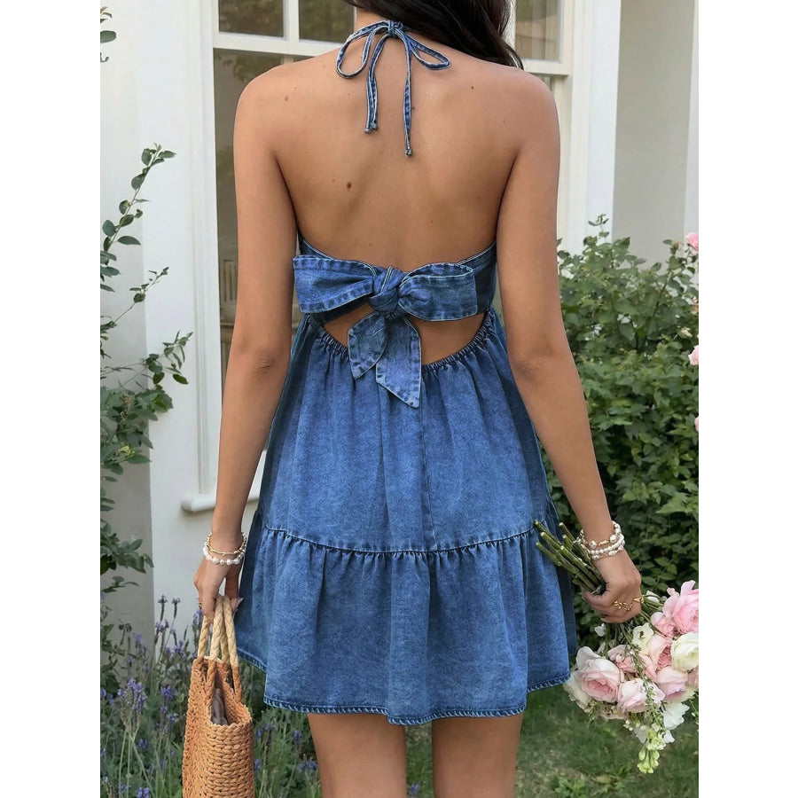 Halter Neck Denim Mini Dress Apparel and Accessories
