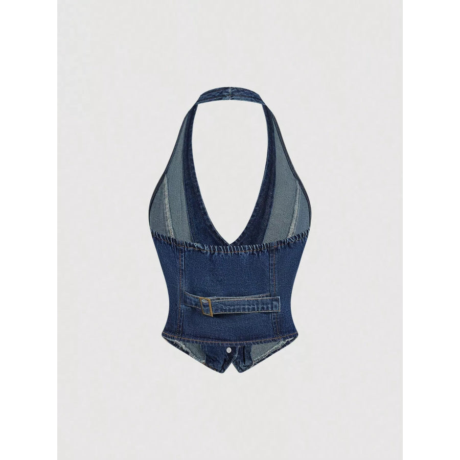 Halter Neck Denim Vest and Wide-Leg Jeans Set Apparel and Accessories