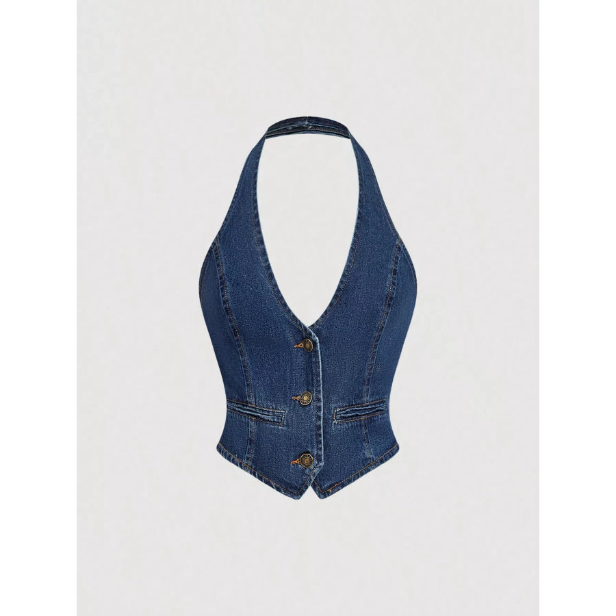 Halter Neck Denim Vest and Wide-Leg Jeans Set Apparel and Accessories