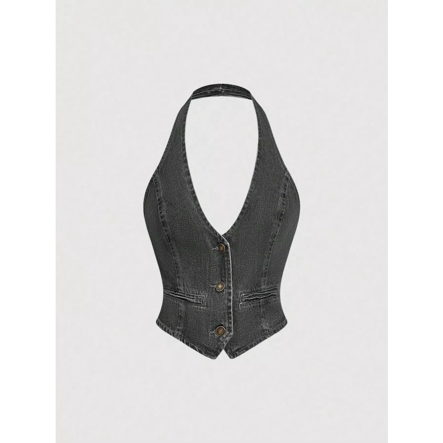 Halter Neck Denim Vest and Wide-Leg Jeans Set Apparel and Accessories