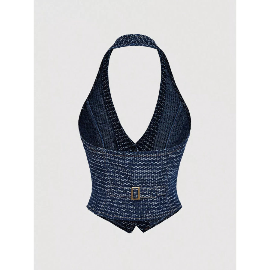 Halter Neck Denim Vest and Wide-Leg Jeans Set Apparel and Accessories