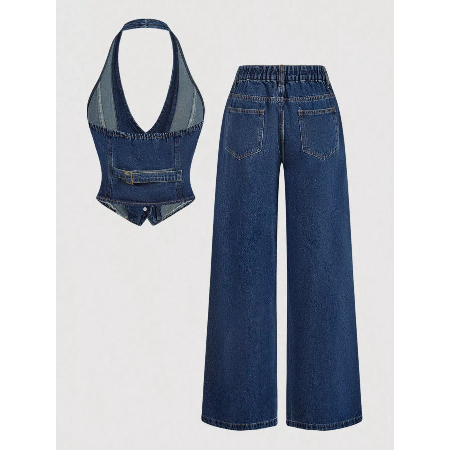Halter Neck Denim Vest and Wide-Leg Jeans Set Apparel and Accessories