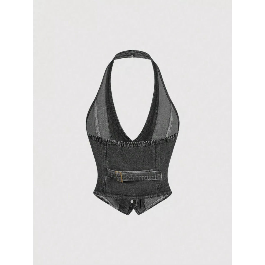 Halter Neck Denim Vest and Wide-Leg Jeans Set Apparel and Accessories