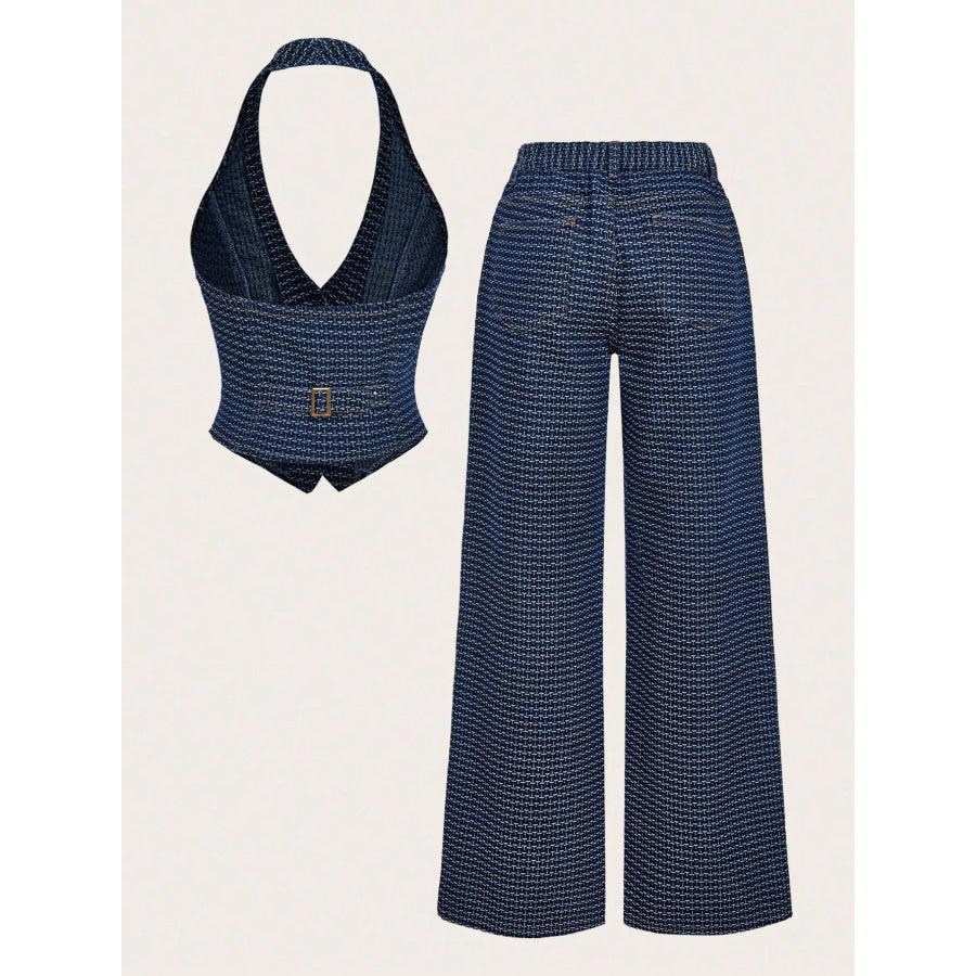 Halter Neck Denim Vest and Wide-Leg Jeans Set Apparel and Accessories