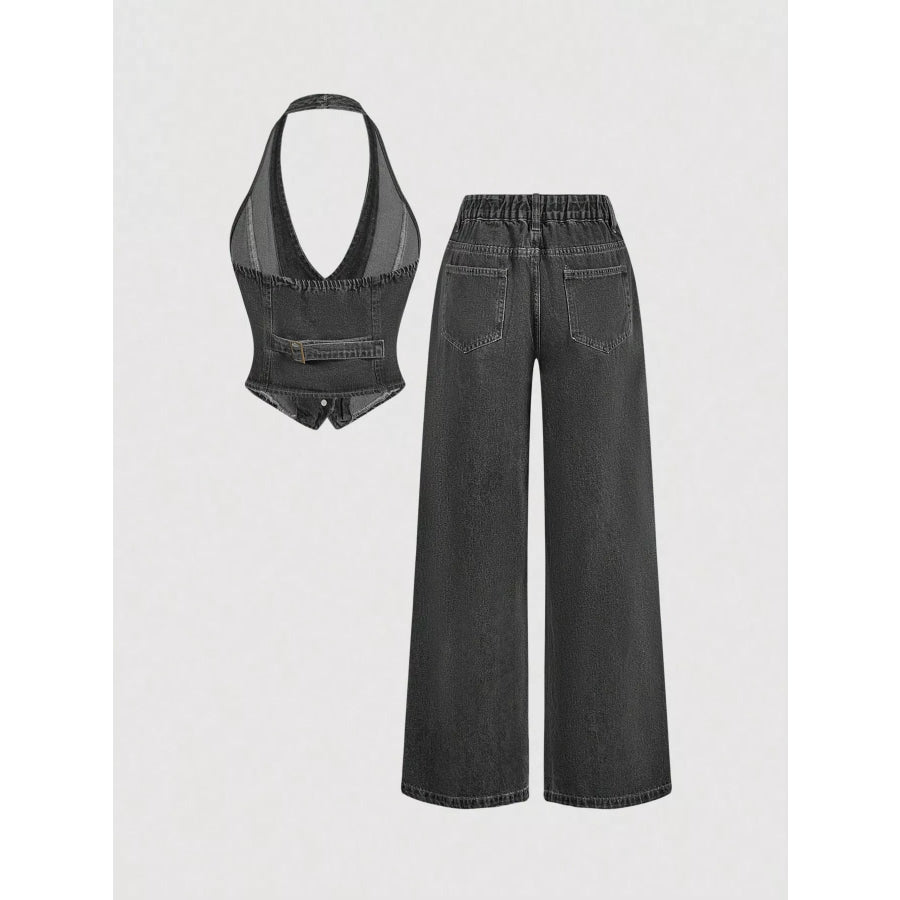 Halter Neck Denim Vest and Wide-Leg Jeans Set Apparel and Accessories
