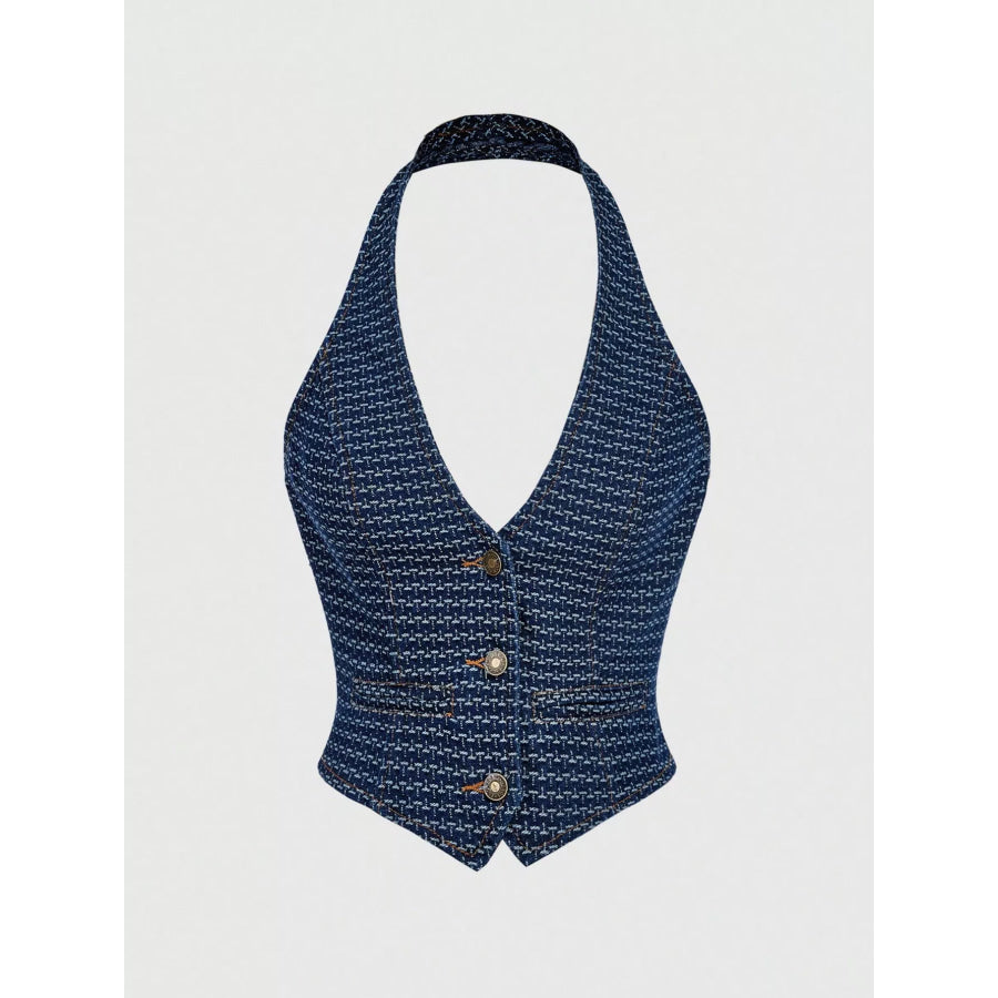 Halter Neck Denim Vest and Wide-Leg Jeans Set Apparel and Accessories