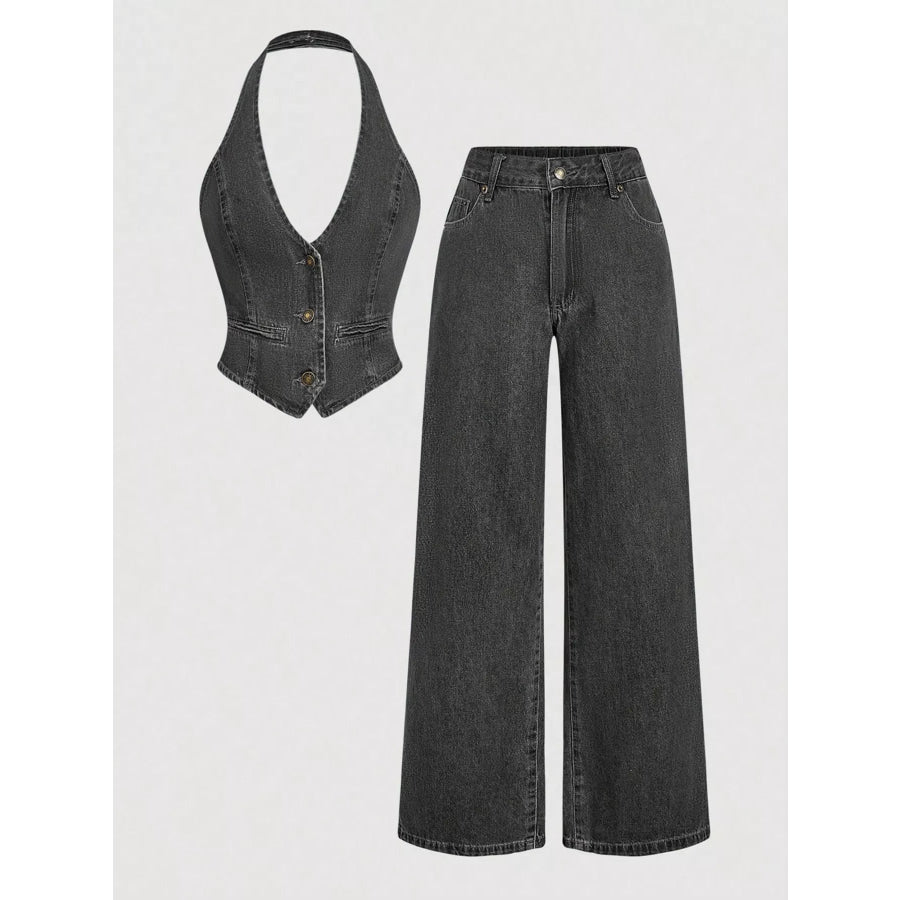 Halter Neck Denim Vest and Wide-Leg Jeans Set Gray / XS Apparel and Accessories