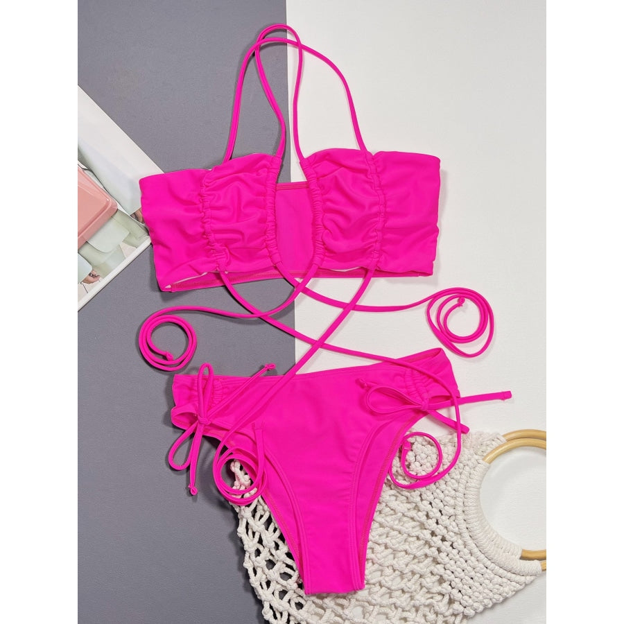 Halter Neck Drawstring Detail Bikini Set Hot Pink / S