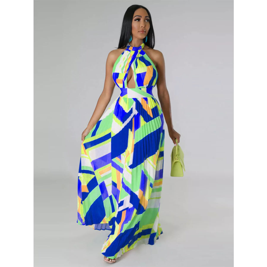 Halter Neck Geometric Print Pleated Maxi Dress Apparel and Accessories
